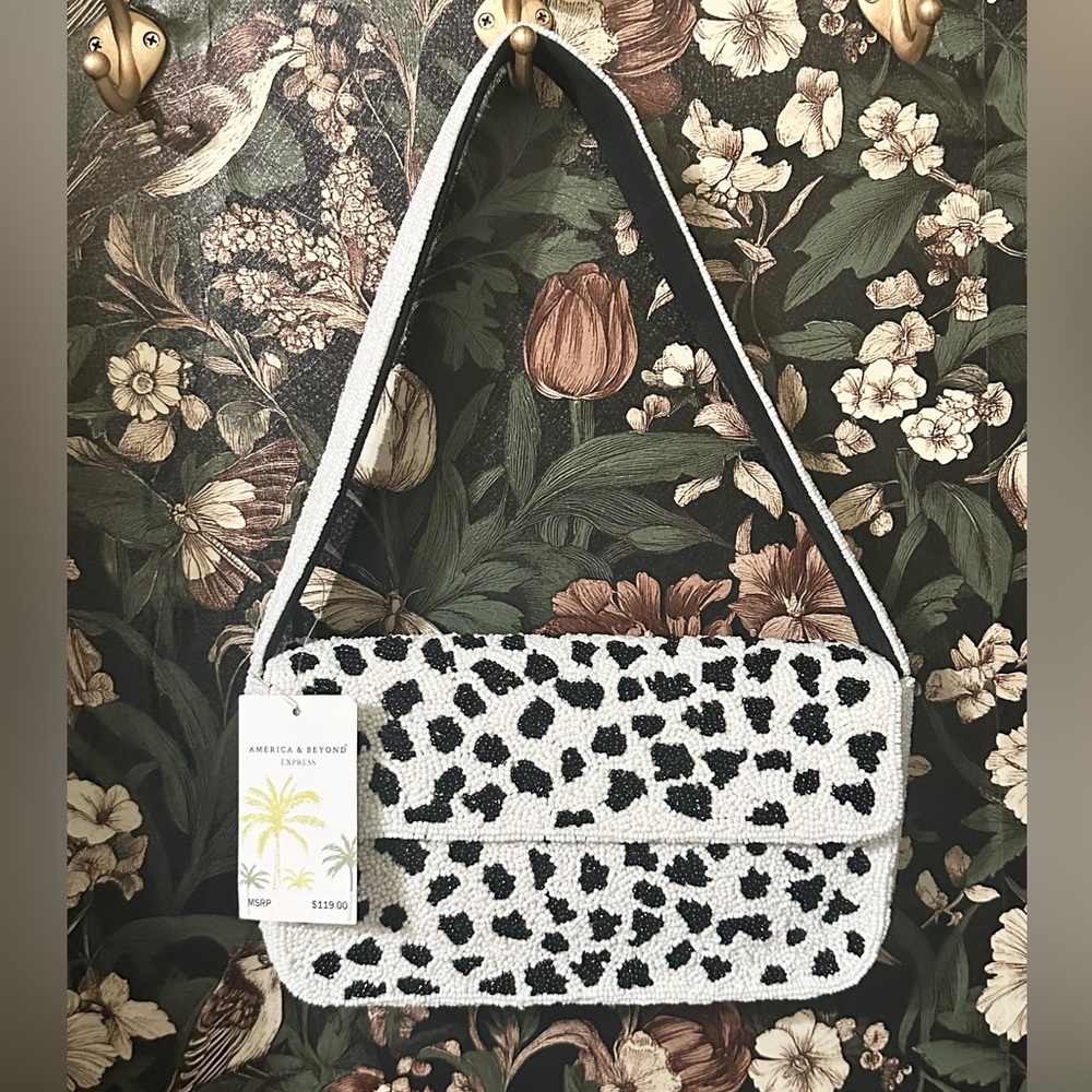 America & Beyond Black White Hand Beaded Polka dot Cow print Shoulder Bag Purse